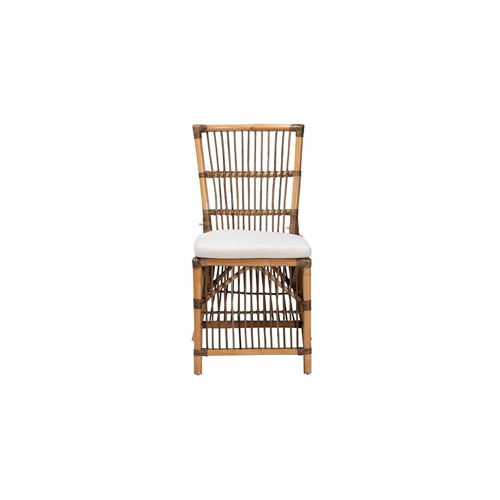 Bohemian White Fabric and Natural Brown Rattan Dining Chair. Picture 2