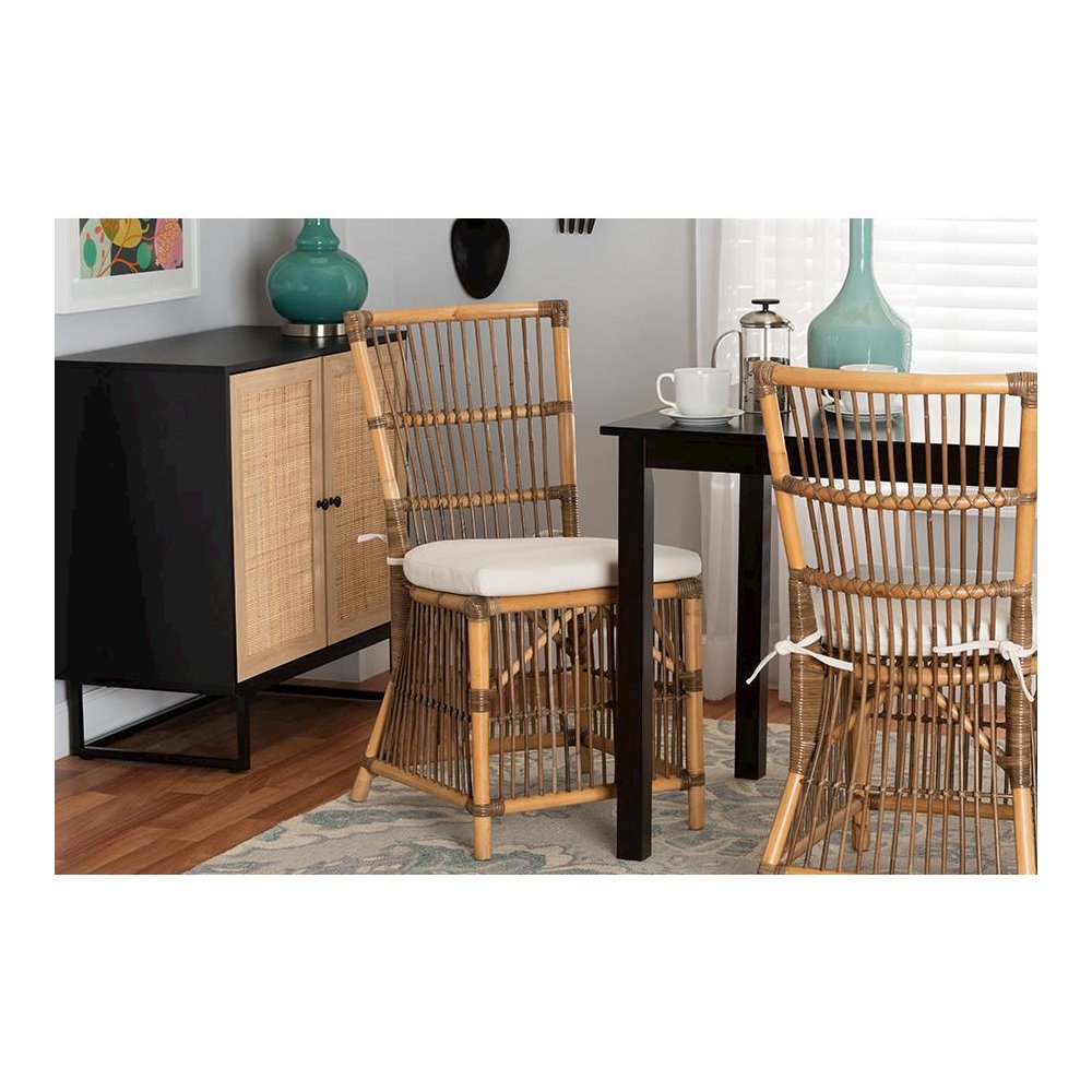 Bohemian White Fabric and Natural Brown Rattan Dining Chair. Picture 8