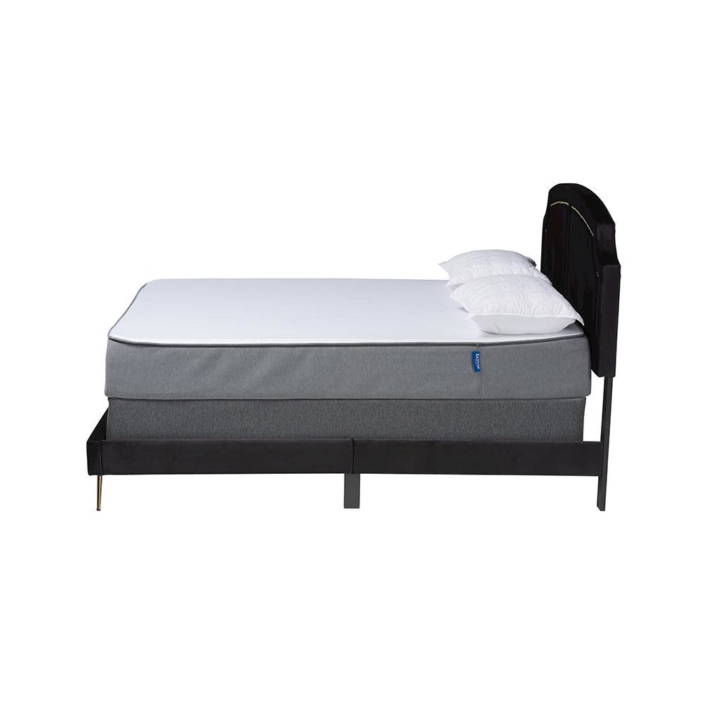 Oxley Traditional Glam and Luxe Black Velvet and Gold Metal Queen Size Panel Bed. Picture 2