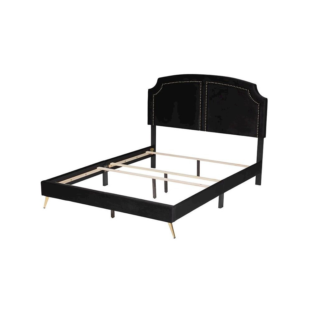 Oxley Traditional Glam and Luxe Black Velvet and Gold Metal Queen Size Panel Bed. Picture 3