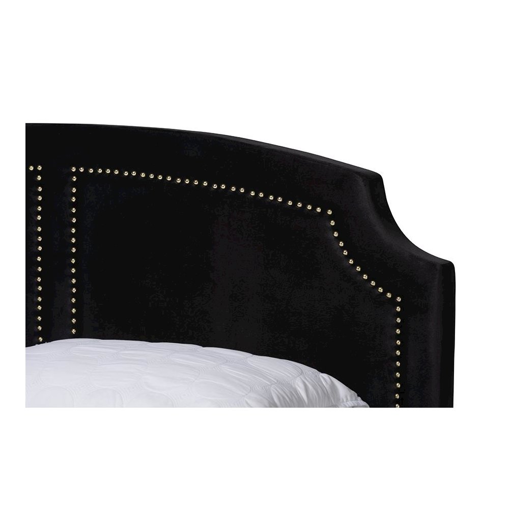 Oxley Traditional Glam and Luxe Black Velvet and Gold Metal Queen Size Panel Bed. Picture 4