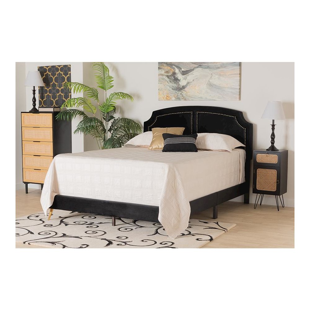 Oxley Traditional Glam and Luxe Black Velvet and Gold Metal Queen Size Panel Bed. Picture 7