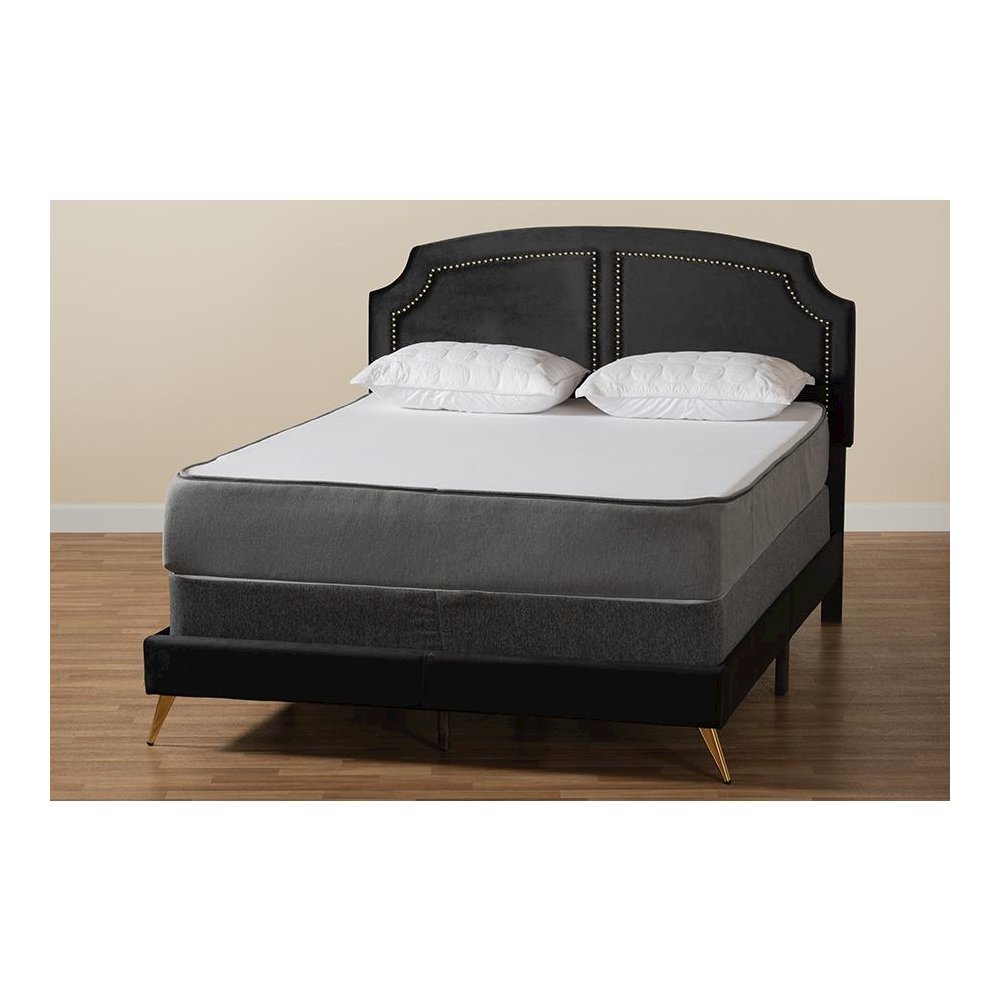 Oxley Traditional Glam and Luxe Black Velvet and Gold Metal Queen Size Panel Bed. Picture 8