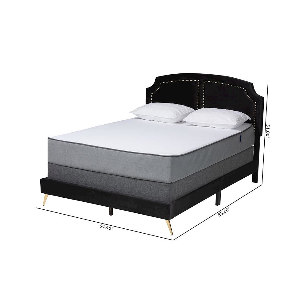 Oxley Traditional Glam and Luxe Black Velvet and Gold Metal Queen Size Panel Bed. Picture 9