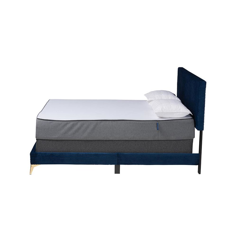 Navy Blue Velvet and Gold Metal Queen Size Panel Bed. Picture 2