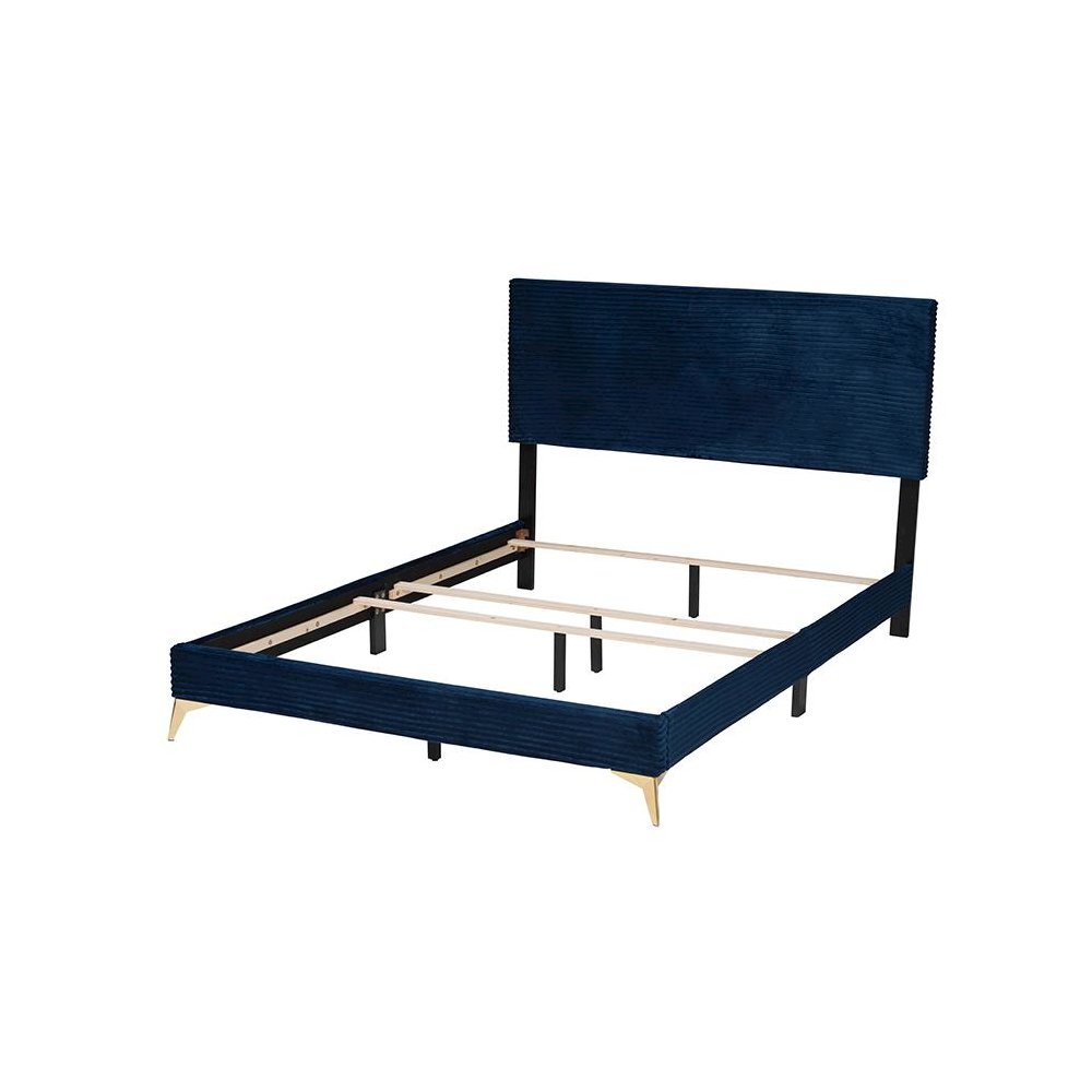 Navy Blue Velvet and Gold Metal Queen Size Panel Bed. Picture 3