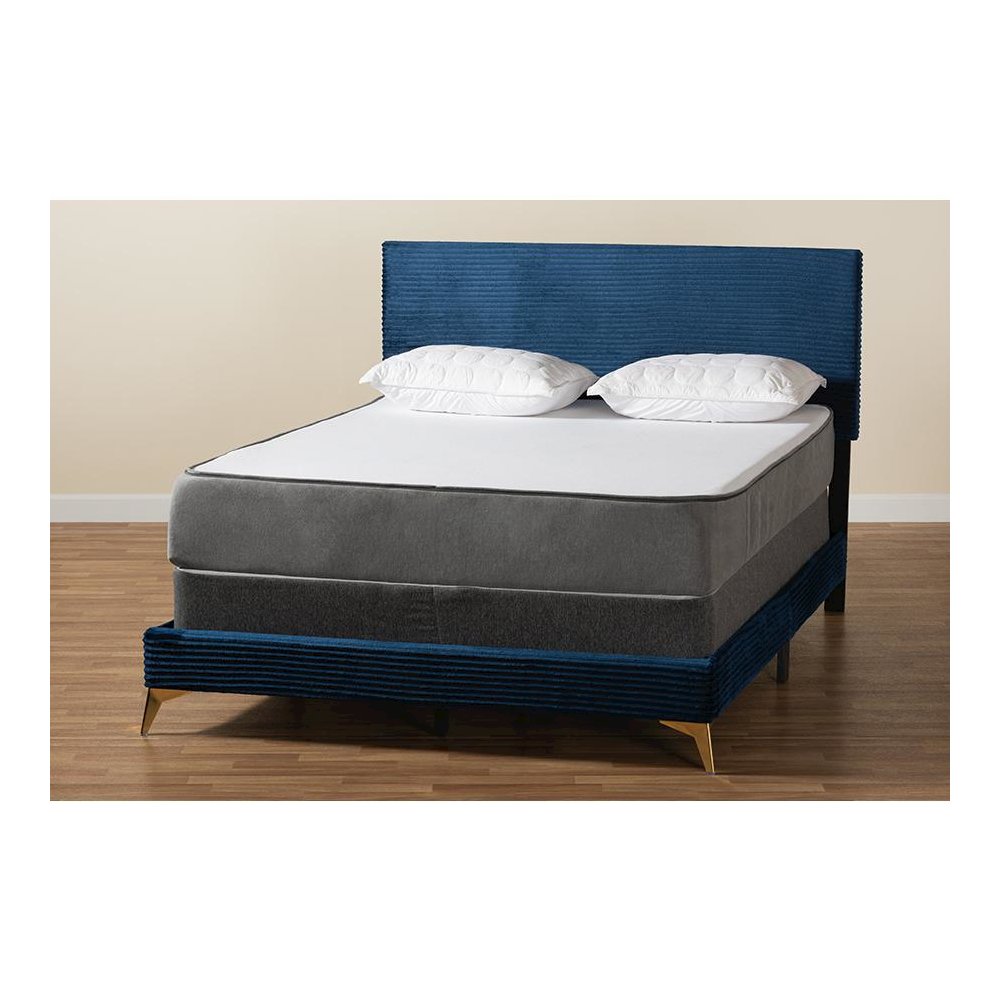 Navy Blue Velvet and Gold Metal Queen Size Panel Bed. Picture 8