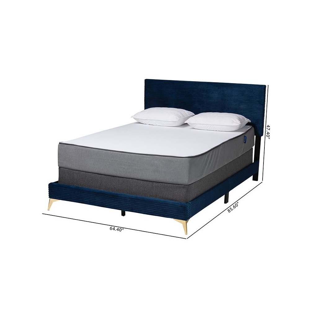 Navy Blue Velvet and Gold Metal Queen Size Panel Bed. Picture 9