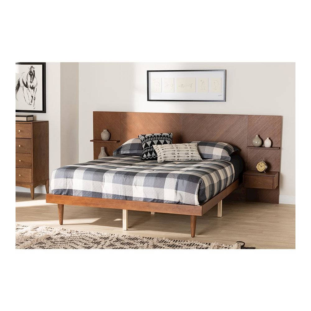 Walnut Finished Wood Queen Size Platform Storage Bed with Built-In Nightstands. Picture 9