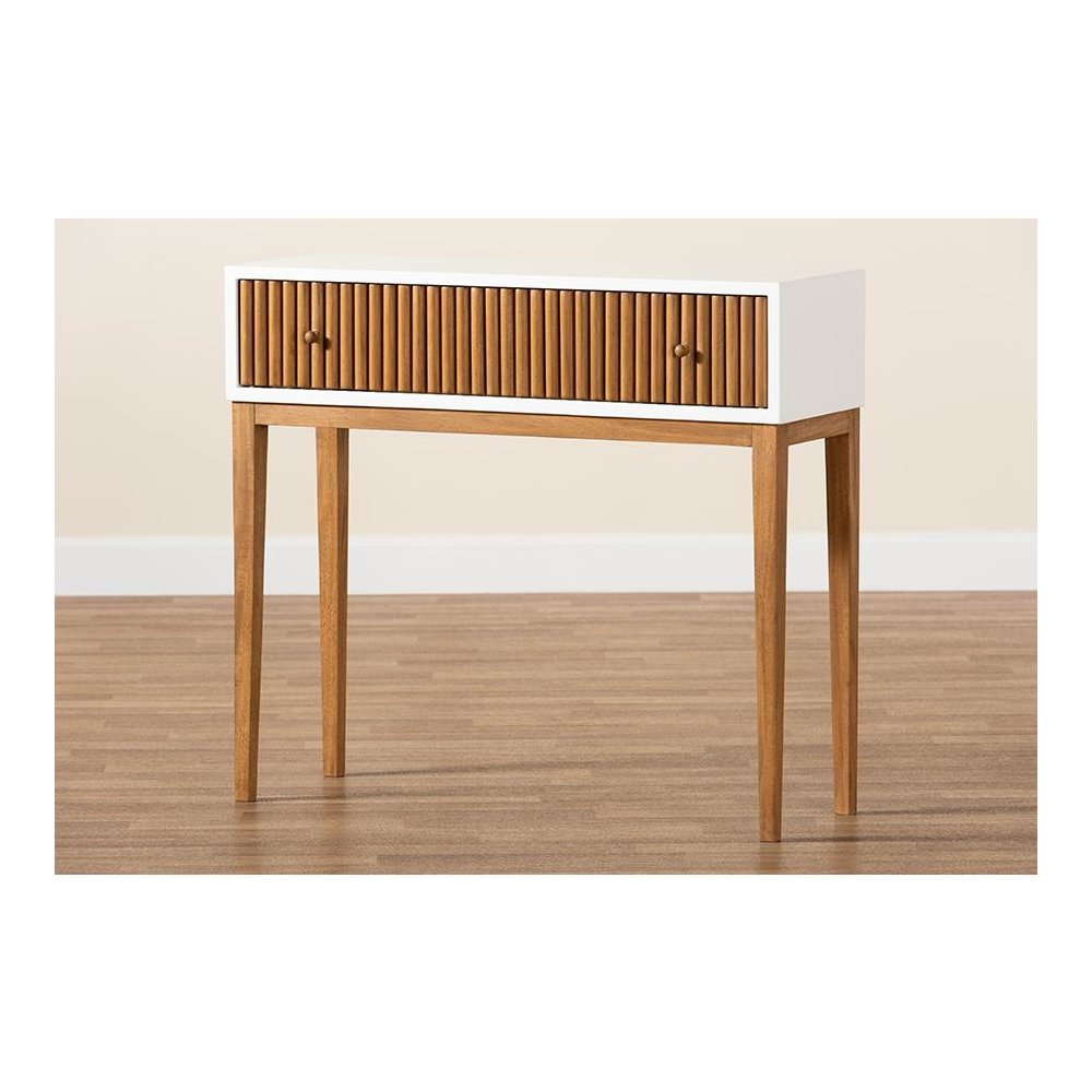 Two-Tone Natural Brown and White Bayur Wood 1-Drawer Console Table. Picture 9