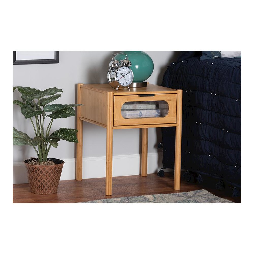 Transitional Natural Brown Bamboo Wood 1-Drawer End Table. Picture 8