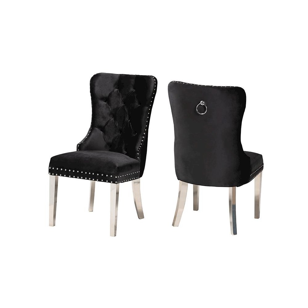 Glam and Luxe Black Velvet Fabric and Silver Metal 2-Piece Dining Chair Set. Picture 1