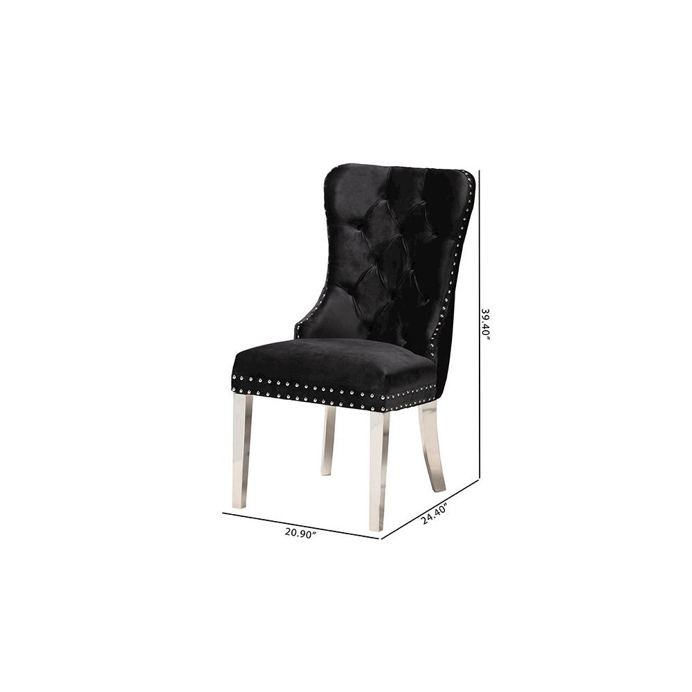 Glam and Luxe Black Velvet Fabric and Silver Metal 2-Piece Dining Chair Set. Picture 10