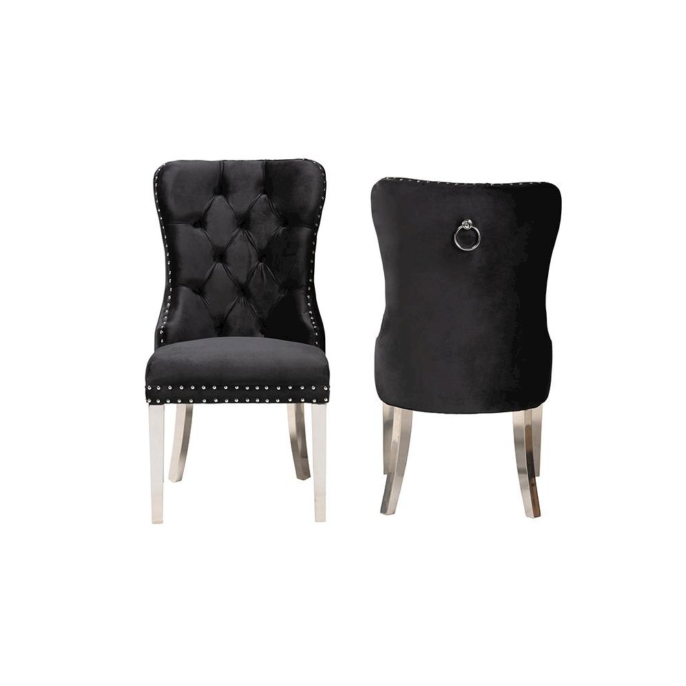 Glam and Luxe Black Velvet Fabric and Silver Metal 2-Piece Dining Chair Set. Picture 2