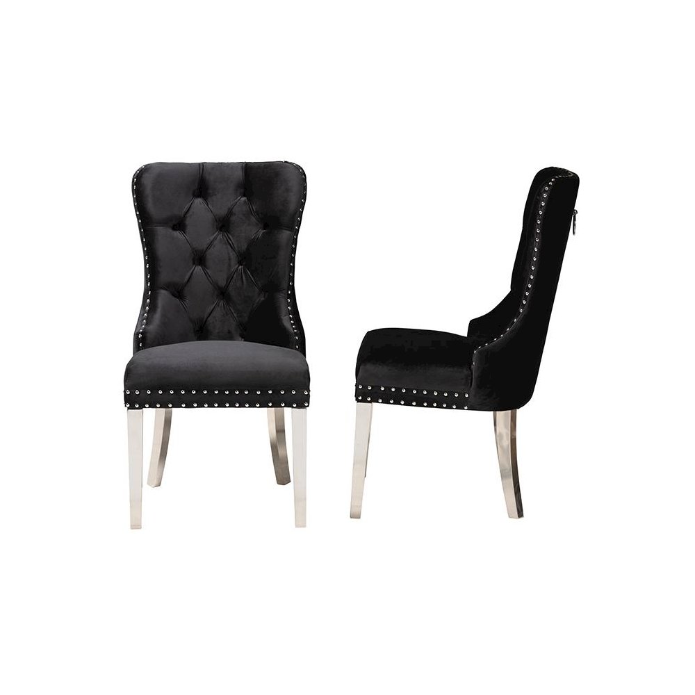 Glam and Luxe Black Velvet Fabric and Silver Metal 2-Piece Dining Chair Set. Picture 3