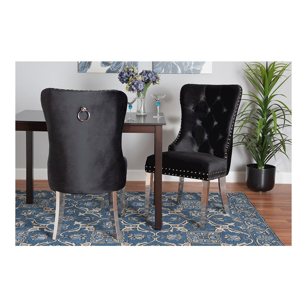 Glam and Luxe Black Velvet Fabric and Silver Metal 2-Piece Dining Chair Set. Picture 8