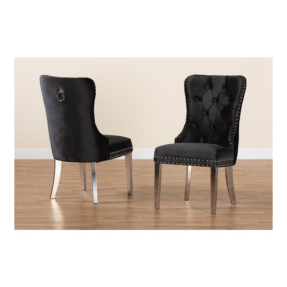 Glam and Luxe Black Velvet Fabric and Silver Metal 2-Piece Dining Chair Set. Picture 9