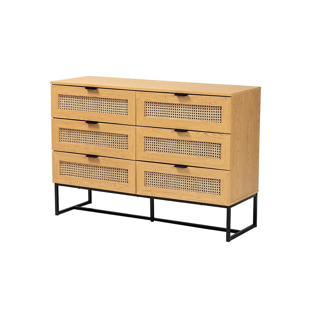 Black Metal 6-Drawer Storage Cabinet with Natural Rattan. Picture 1