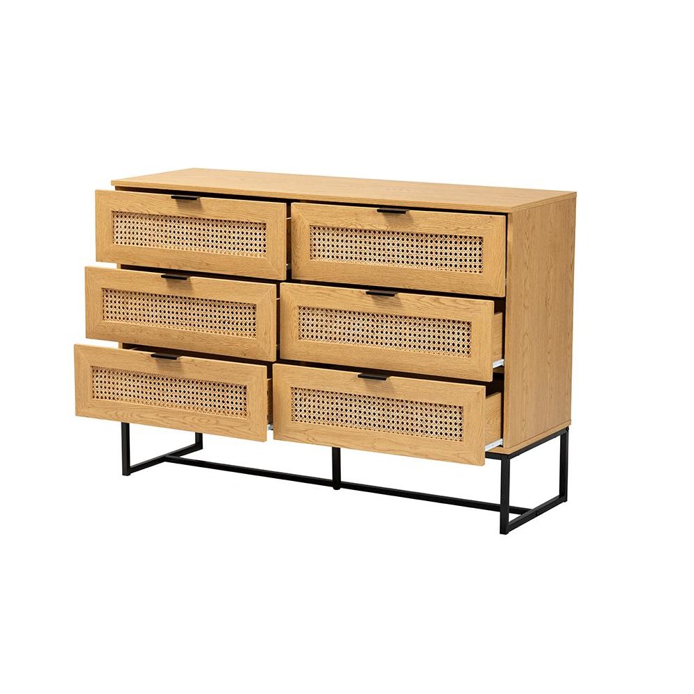 Black Metal 6-Drawer Storage Cabinet with Natural Rattan. Picture 2