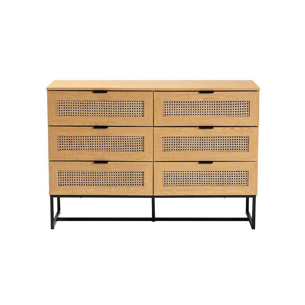 Black Metal 6-Drawer Storage Cabinet with Natural Rattan. Picture 3