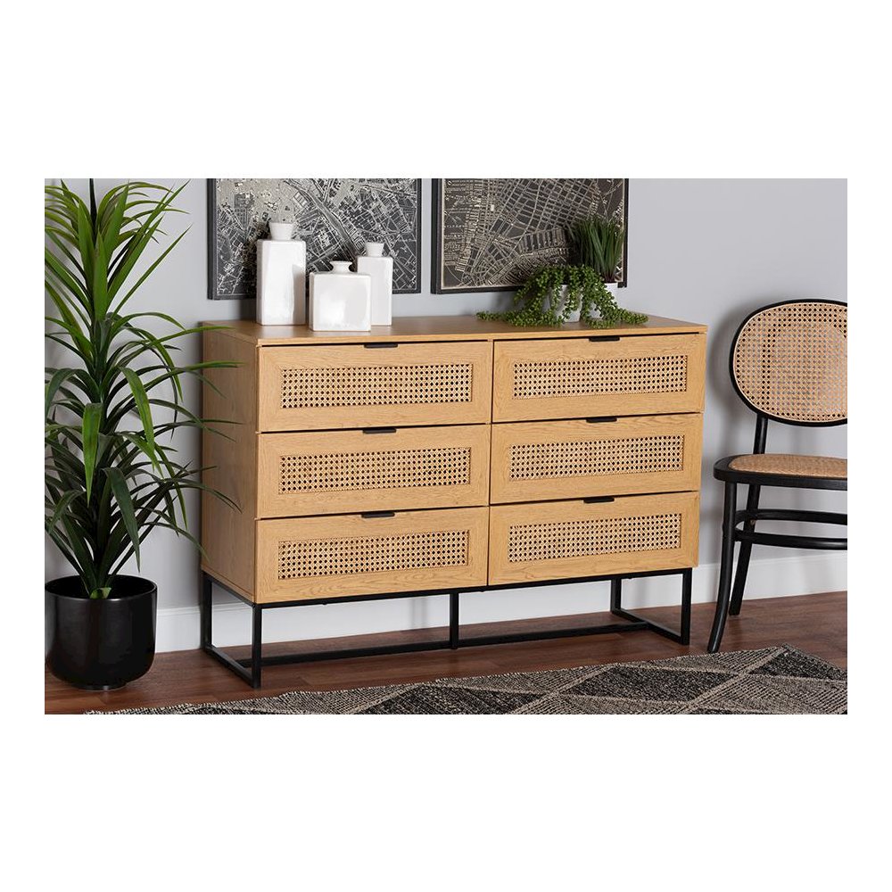 Black Metal 6-Drawer Storage Cabinet with Natural Rattan. Picture 8