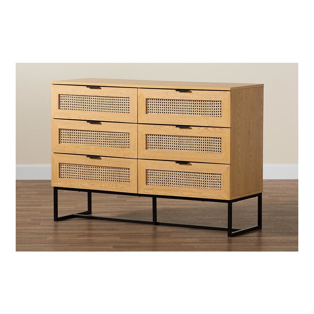 Black Metal 6-Drawer Storage Cabinet with Natural Rattan. Picture 9