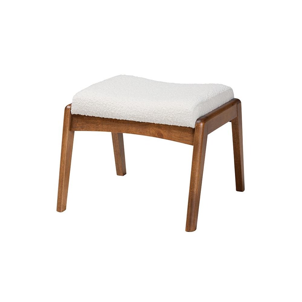 Off-White Boucle Upholstered and Walnut Brown Finished Wood Ottoman Footstool. Picture 1