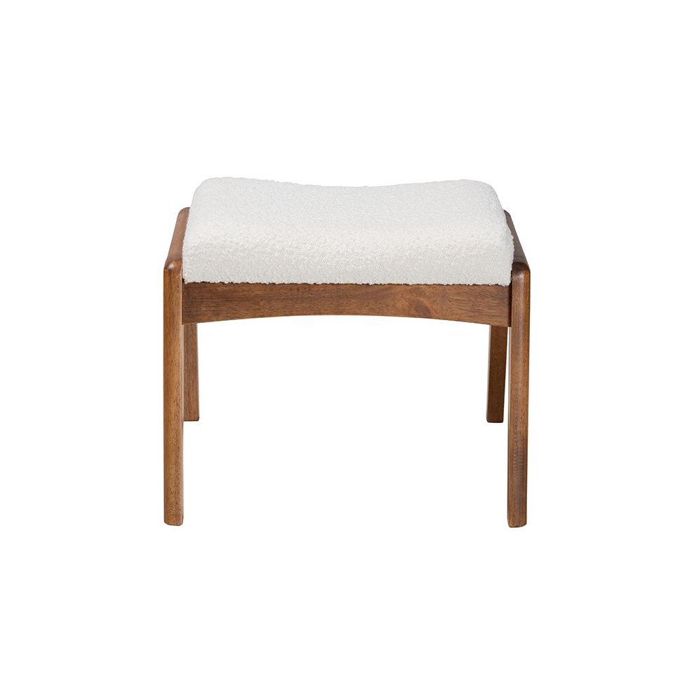 Off-White Boucle Upholstered and Walnut Brown Finished Wood Ottoman Footstool. Picture 2