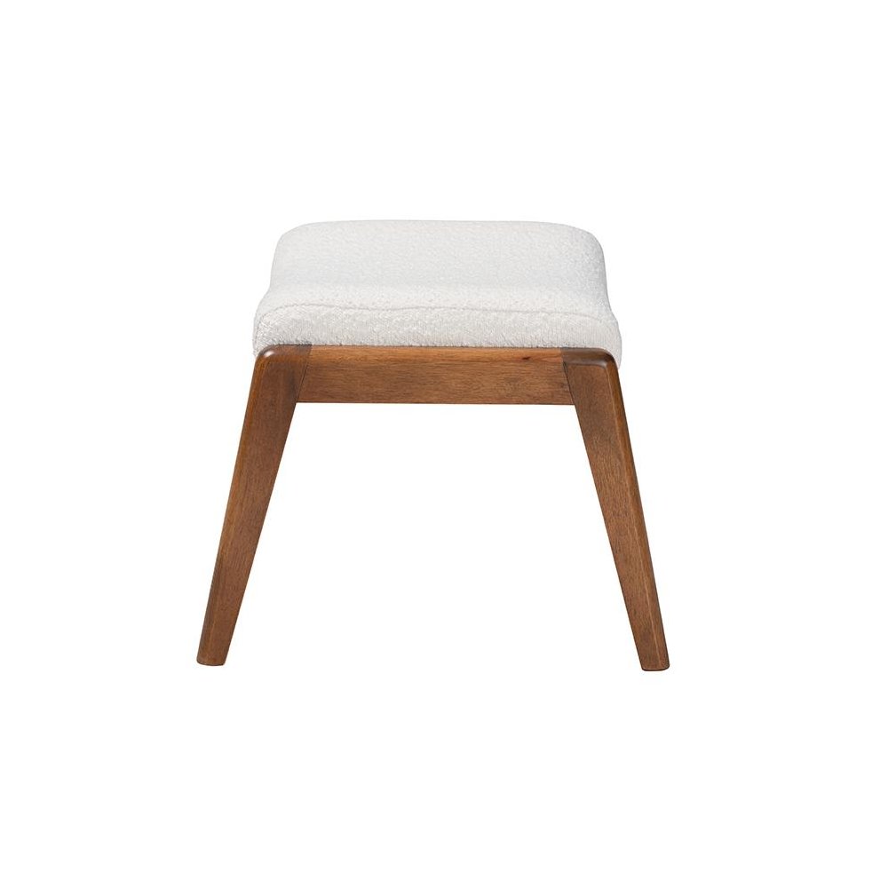 Off-White Boucle Upholstered and Walnut Brown Finished Wood Ottoman Footstool. Picture 3