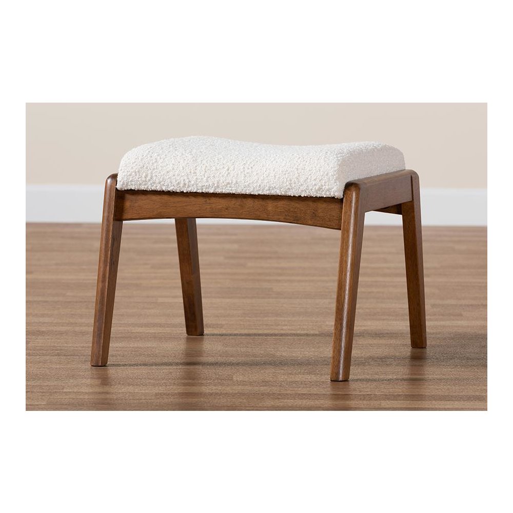 Off-White Boucle Upholstered and Walnut Brown Finished Wood Ottoman Footstool. Picture 7