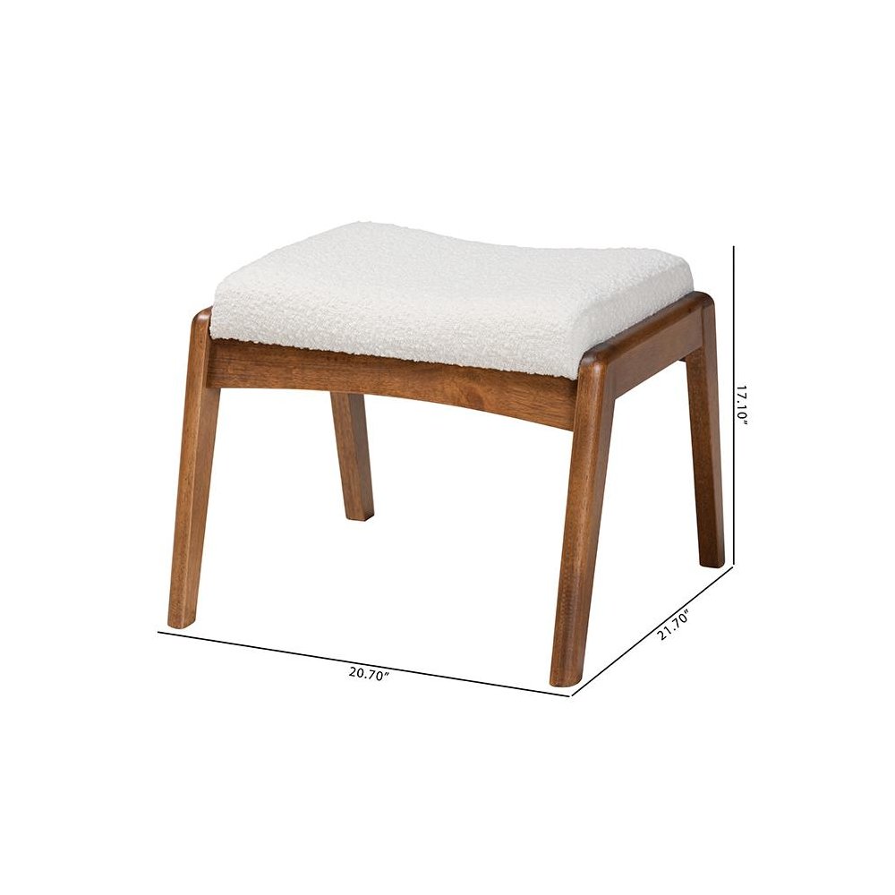 Off-White Boucle Upholstered and Walnut Brown Finished Wood Ottoman Footstool. Picture 8