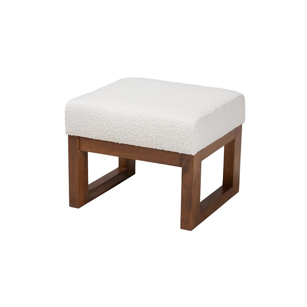 Off-White Boucle Upholstered and Walnut Brown Finished Wood Ottoman Footstool. Picture 1
