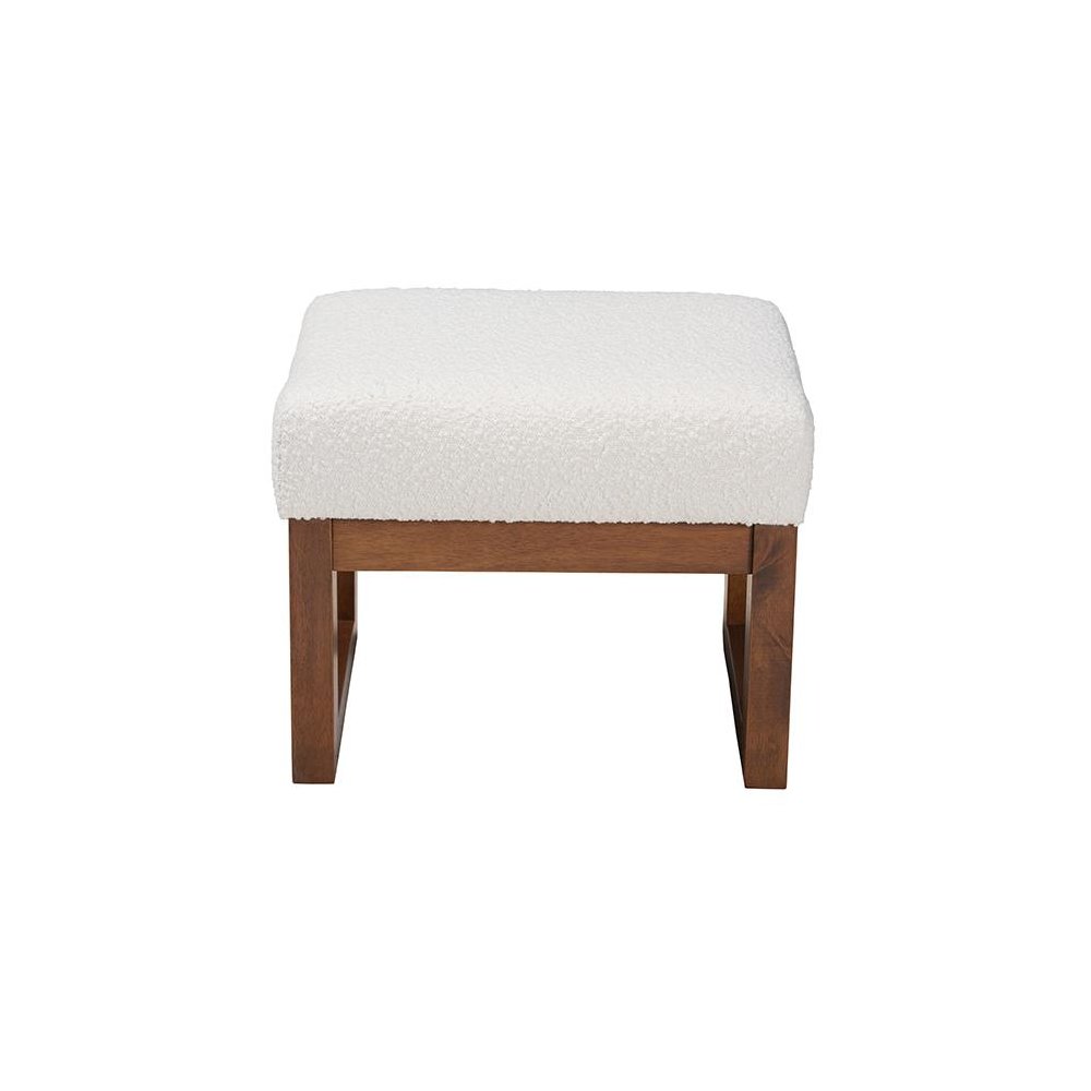 Off-White Boucle Upholstered and Walnut Brown Finished Wood Ottoman Footstool. Picture 2