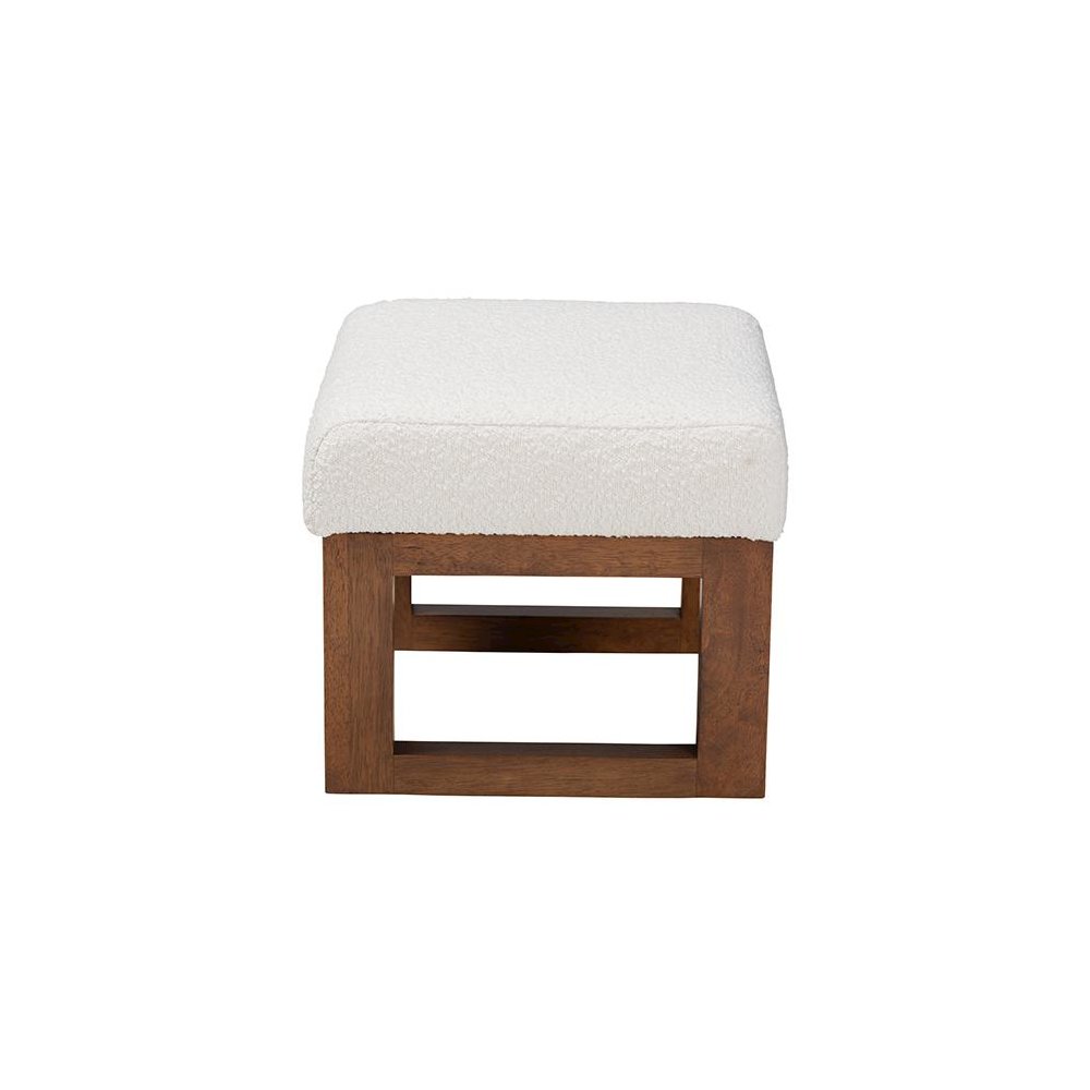 Off-White Boucle Upholstered and Walnut Brown Finished Wood Ottoman Footstool. Picture 3