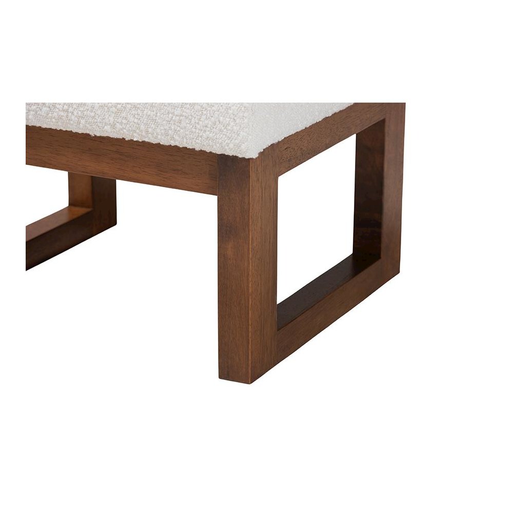 Off-White Boucle Upholstered and Walnut Brown Finished Wood Ottoman Footstool. Picture 4