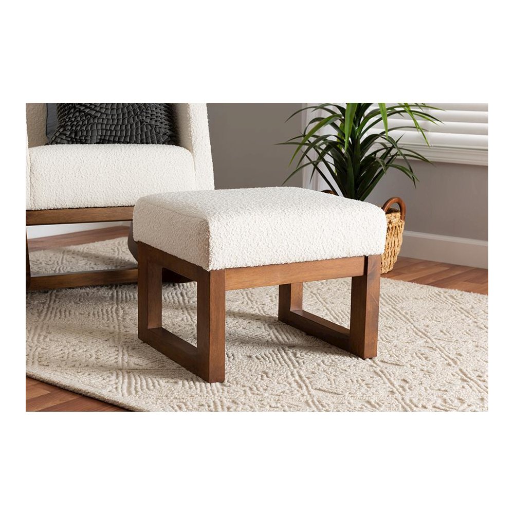 Off-White Boucle Upholstered and Walnut Brown Finished Wood Ottoman Footstool. Picture 6