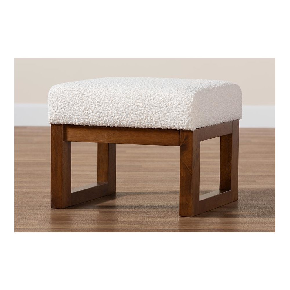 Off-White Boucle Upholstered and Walnut Brown Finished Wood Ottoman Footstool. Picture 7