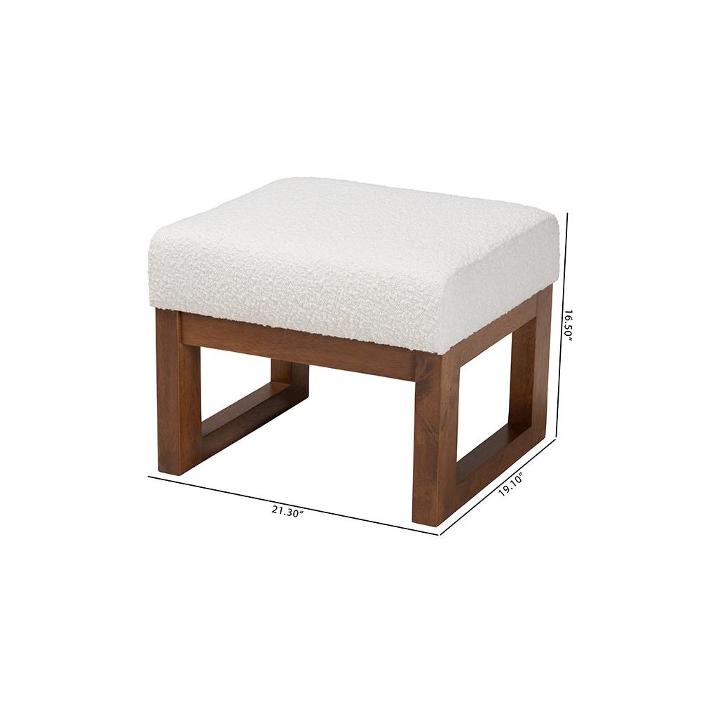 Off-White Boucle Upholstered and Walnut Brown Finished Wood Ottoman Footstool. Picture 8