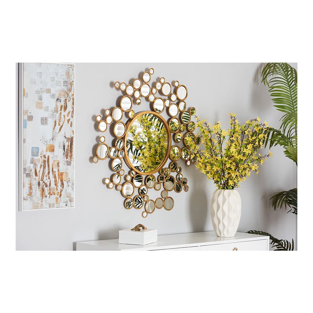 Castiel Modern Glam and Luxe Antique Goldleaf Metal Bubble Accent Wall Mirror. Picture 3