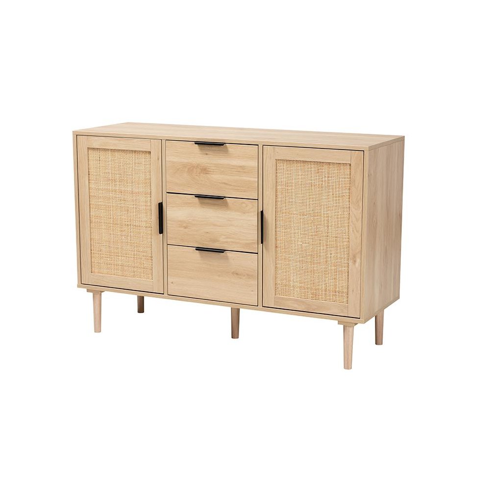 Natural Brown Finished Wood and Natural Rattan 3-Drawer Sideboard. Picture 1