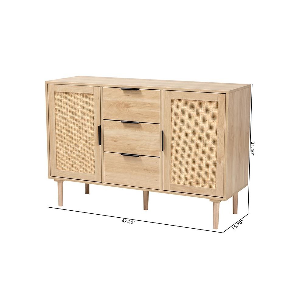Natural Brown Finished Wood and Natural Rattan 3-Drawer Sideboard. Picture 10