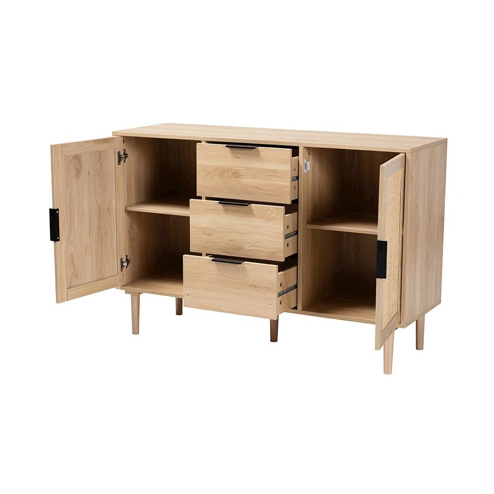 Natural Brown Finished Wood and Natural Rattan 3-Drawer Sideboard. Picture 2