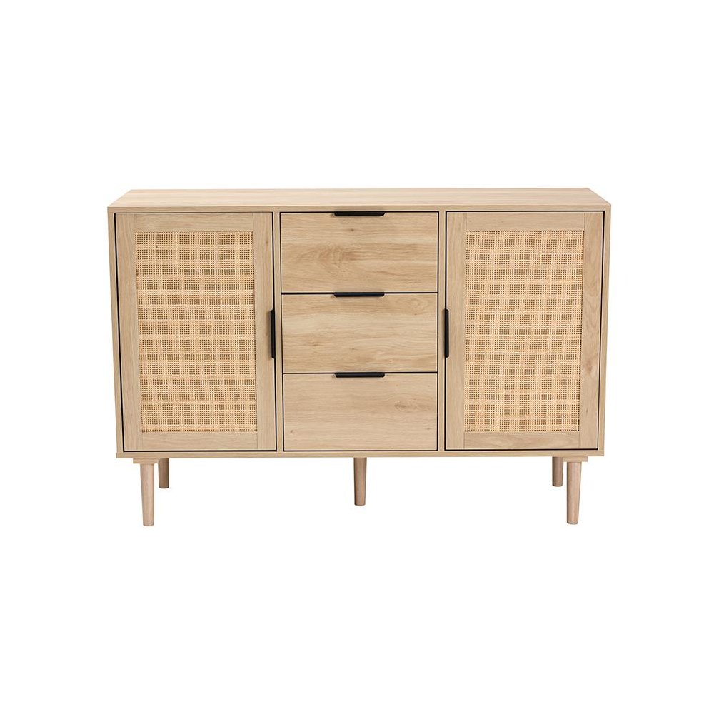 Natural Brown Finished Wood and Natural Rattan 3-Drawer Sideboard. Picture 3