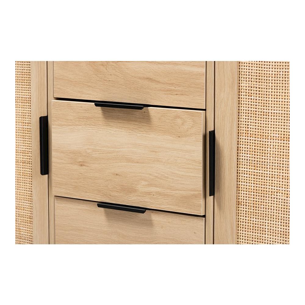 Natural Brown Finished Wood and Natural Rattan 3-Drawer Sideboard. Picture 5
