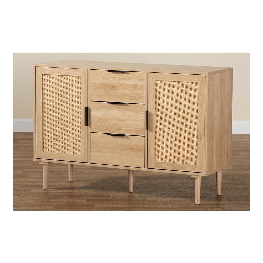 Natural Brown Finished Wood and Natural Rattan 3-Drawer Sideboard. Picture 9