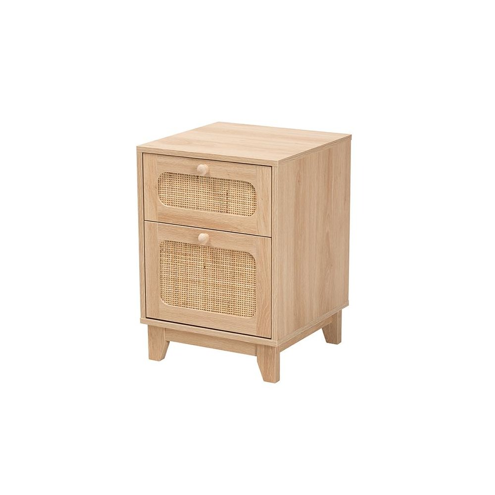 Light Brown Finished Wood and Natural Rattan 1-Drawer End Table. Picture 1