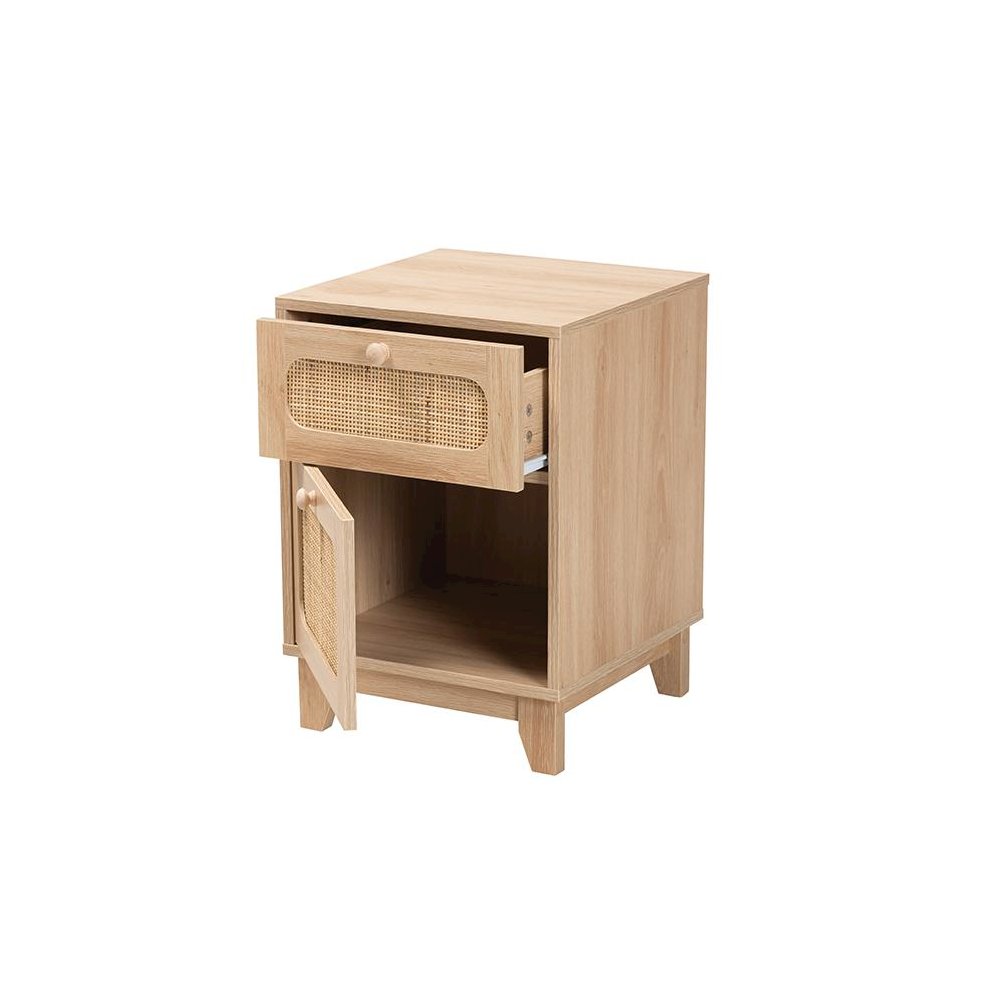 Light Brown Finished Wood and Natural Rattan 1-Drawer End Table. Picture 2