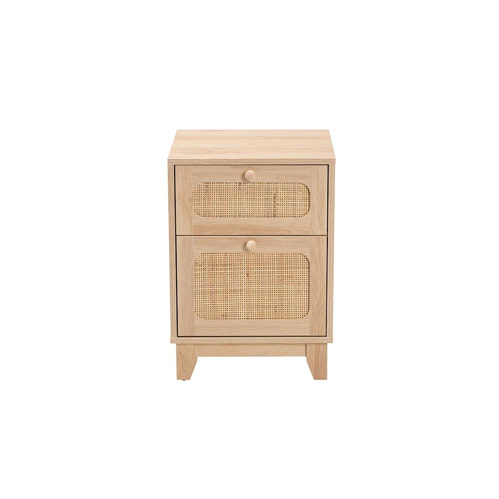 Light Brown Finished Wood and Natural Rattan 1-Drawer End Table. Picture 3