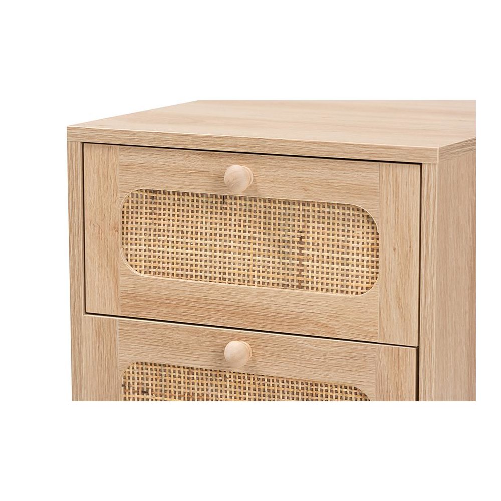 Light Brown Finished Wood and Natural Rattan 1-Drawer End Table. Picture 5