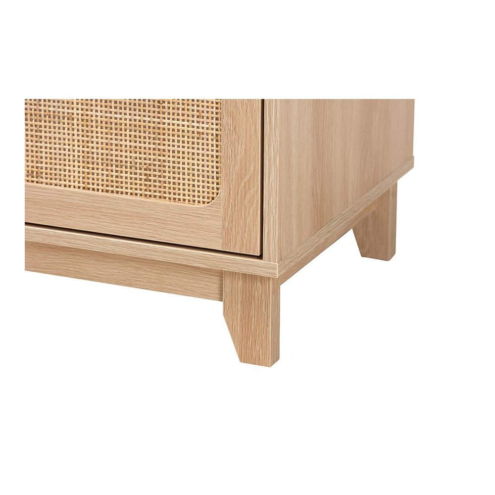 Light Brown Finished Wood and Natural Rattan 1-Drawer End Table. Picture 6